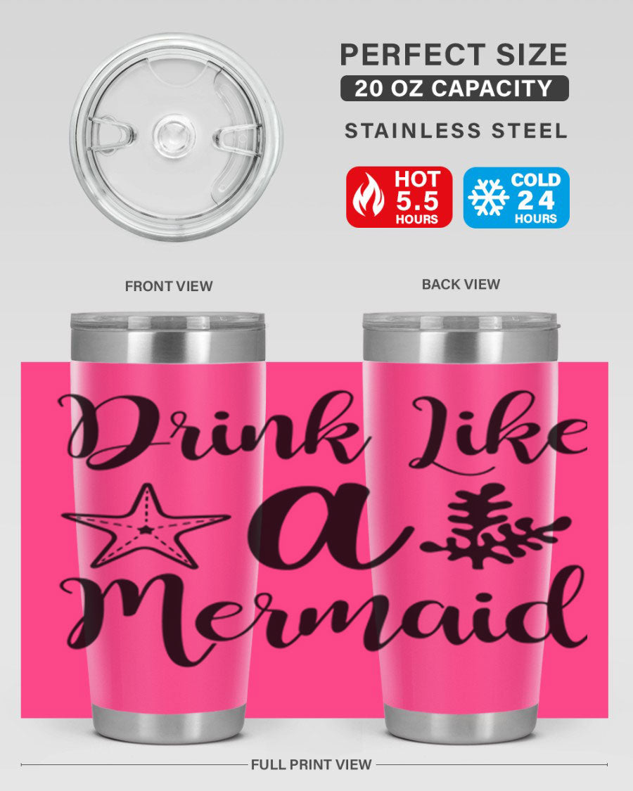 Drink like a Mermaid 149# Tumbler in vibrant colors, showcasing its double wall vacuum stainless steel design and drink-thru lid.