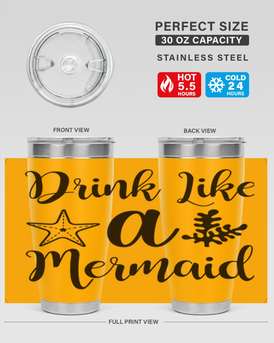 Drink like a Mermaid 149# Tumbler in vibrant colors, showcasing its double wall vacuum stainless steel design and drink-thru lid.