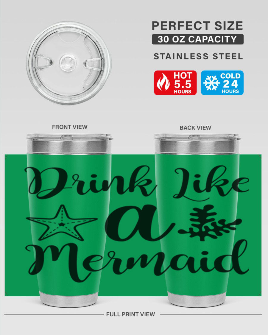 Drink like a Mermaid 149# Tumbler in vibrant colors, showcasing its double wall vacuum stainless steel design and drink-thru lid.