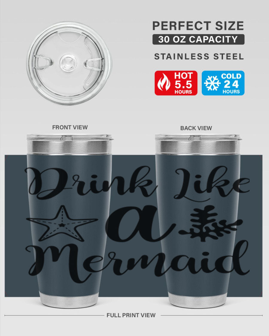 Drink like a Mermaid 149# Tumbler in vibrant colors, showcasing its double wall vacuum stainless steel design and drink-thru lid.
