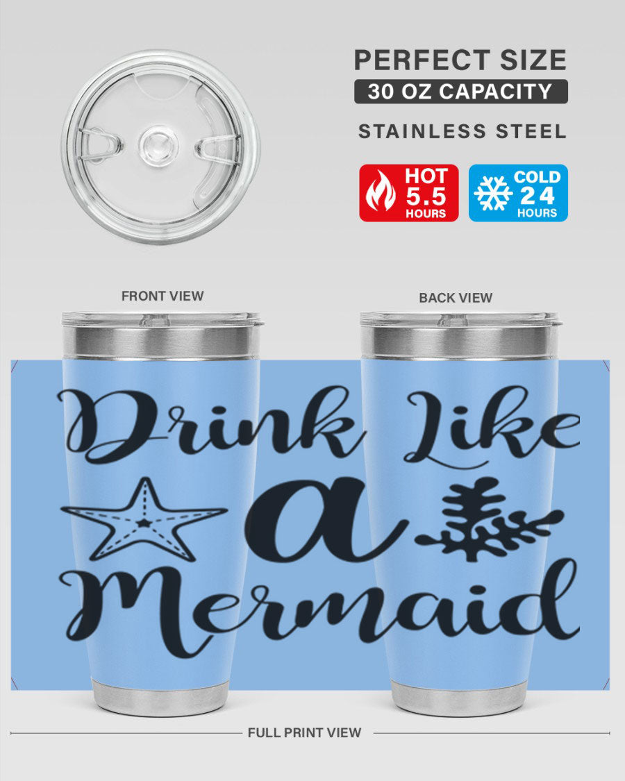 Drink like a Mermaid 149# Tumbler in vibrant colors, showcasing its double wall vacuum stainless steel design and drink-thru lid.