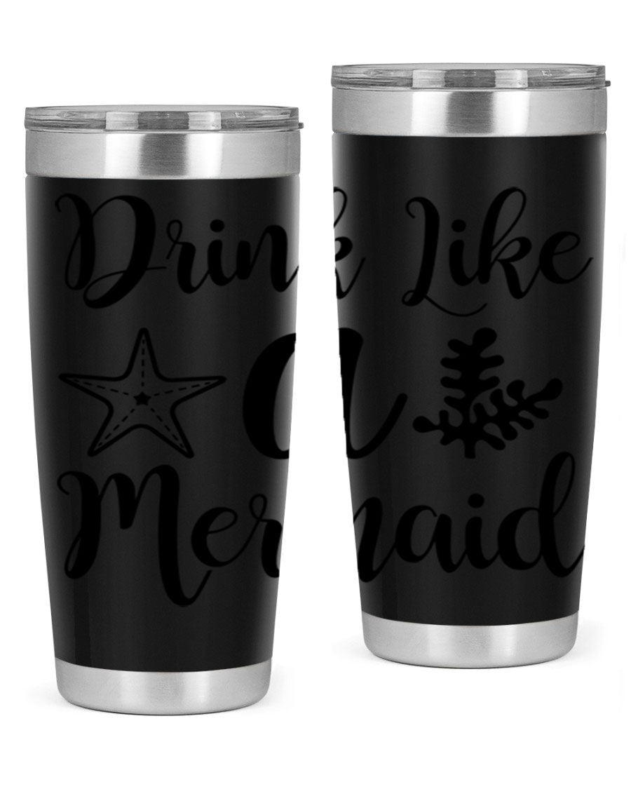 Drink like a Mermaid 149# Tumbler in vibrant colors, showcasing its double wall vacuum stainless steel design and drink-thru lid.
