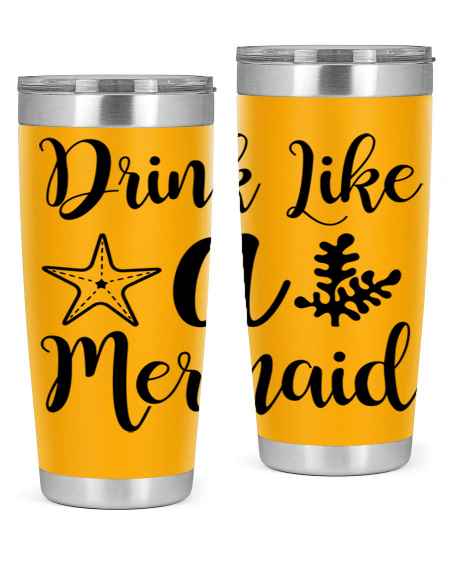 Drink like a Mermaid 149# Tumbler in vibrant colors, showcasing its double wall vacuum stainless steel design and drink-thru lid.