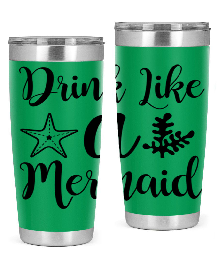 Drink like a Mermaid 149# Tumbler in vibrant colors, showcasing its double wall vacuum stainless steel design and drink-thru lid.