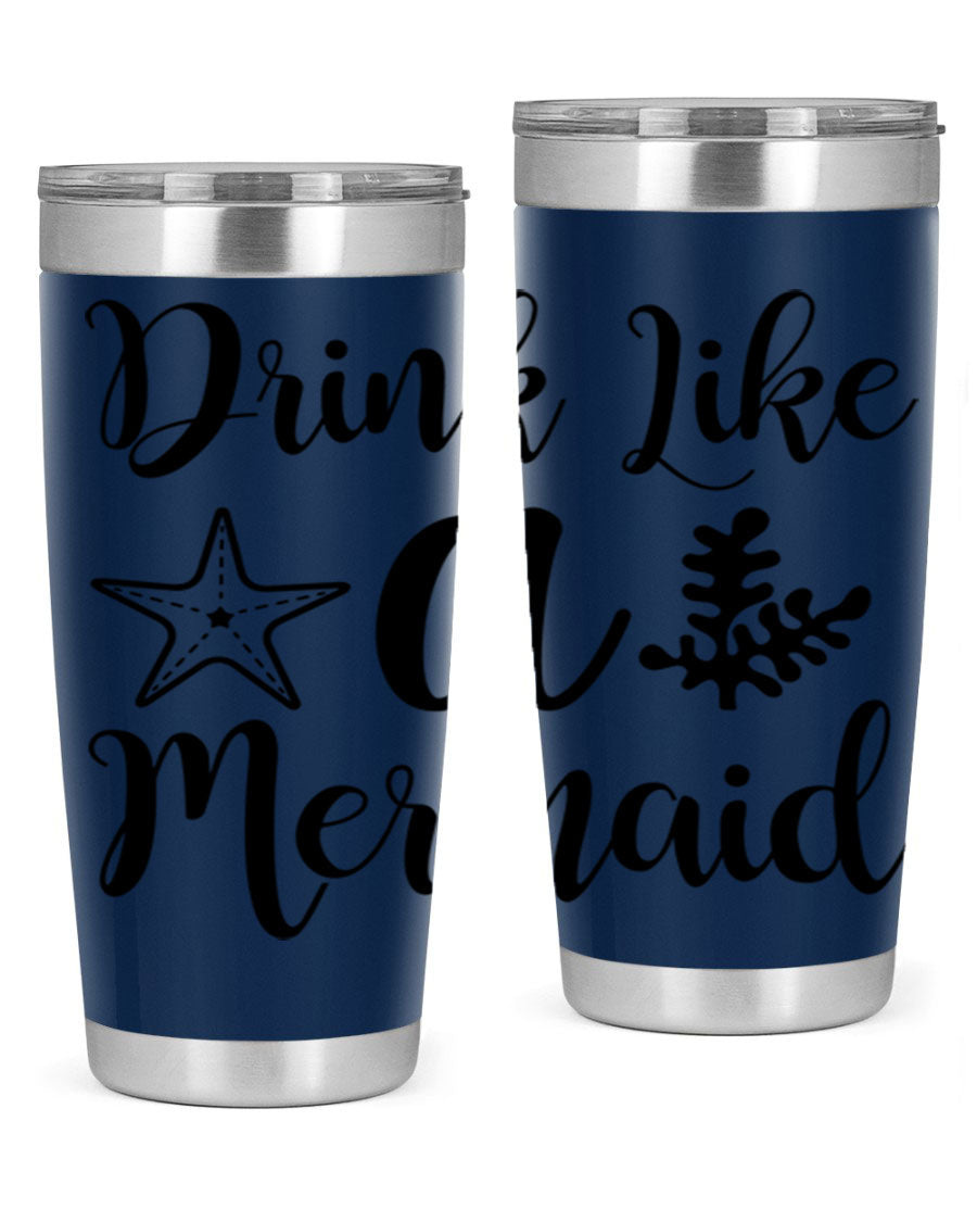 Drink like a Mermaid 149# Tumbler in vibrant colors, showcasing its double wall vacuum stainless steel design and drink-thru lid.