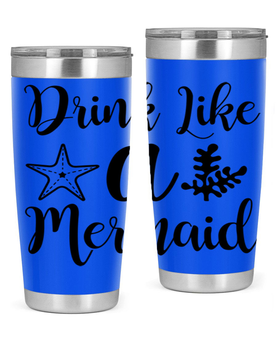 Drink like a Mermaid 149# Tumbler in vibrant colors, showcasing its double wall vacuum stainless steel design and drink-thru lid.