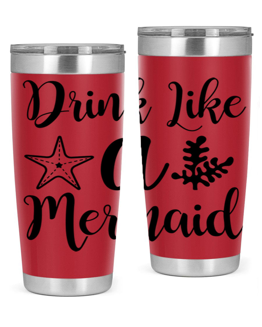 Drink like a Mermaid 149# Tumbler in vibrant colors, showcasing its double wall vacuum stainless steel design and drink-thru lid.
