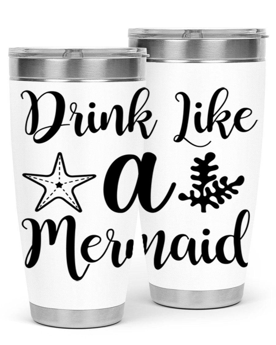 Drink like a Mermaid 149# Tumbler in vibrant colors, showcasing its double wall vacuum stainless steel design and drink-thru lid.