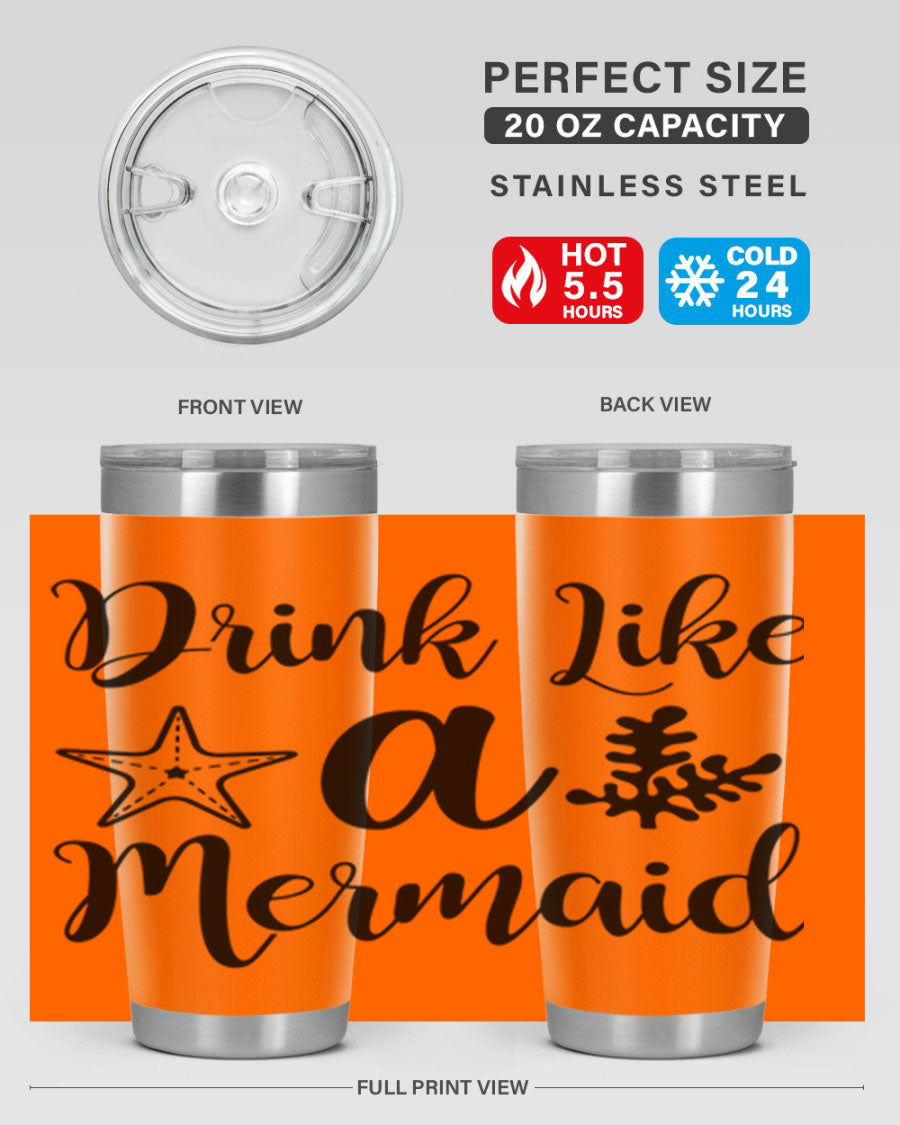 Drink like a Mermaid 149# Tumbler in vibrant colors, showcasing its double wall vacuum stainless steel design and drink-thru lid.