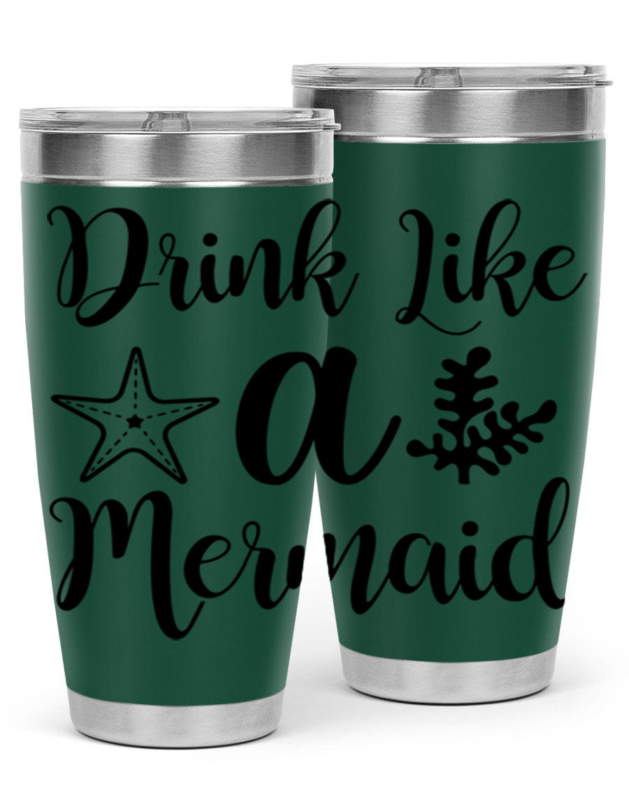 Drink like a Mermaid 149# Tumbler in vibrant colors, showcasing its double wall vacuum stainless steel design and drink-thru lid.