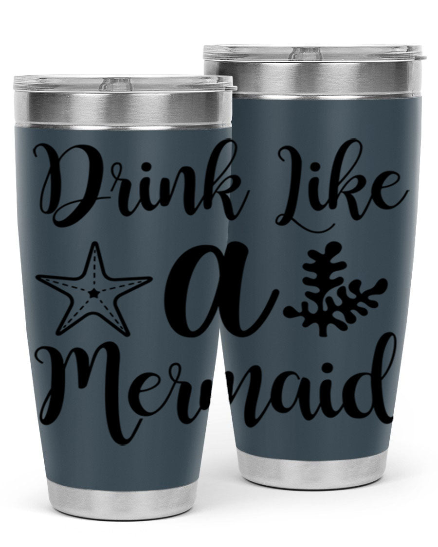 Drink like a Mermaid 149# Tumbler in vibrant colors, showcasing its double wall vacuum stainless steel design and drink-thru lid.