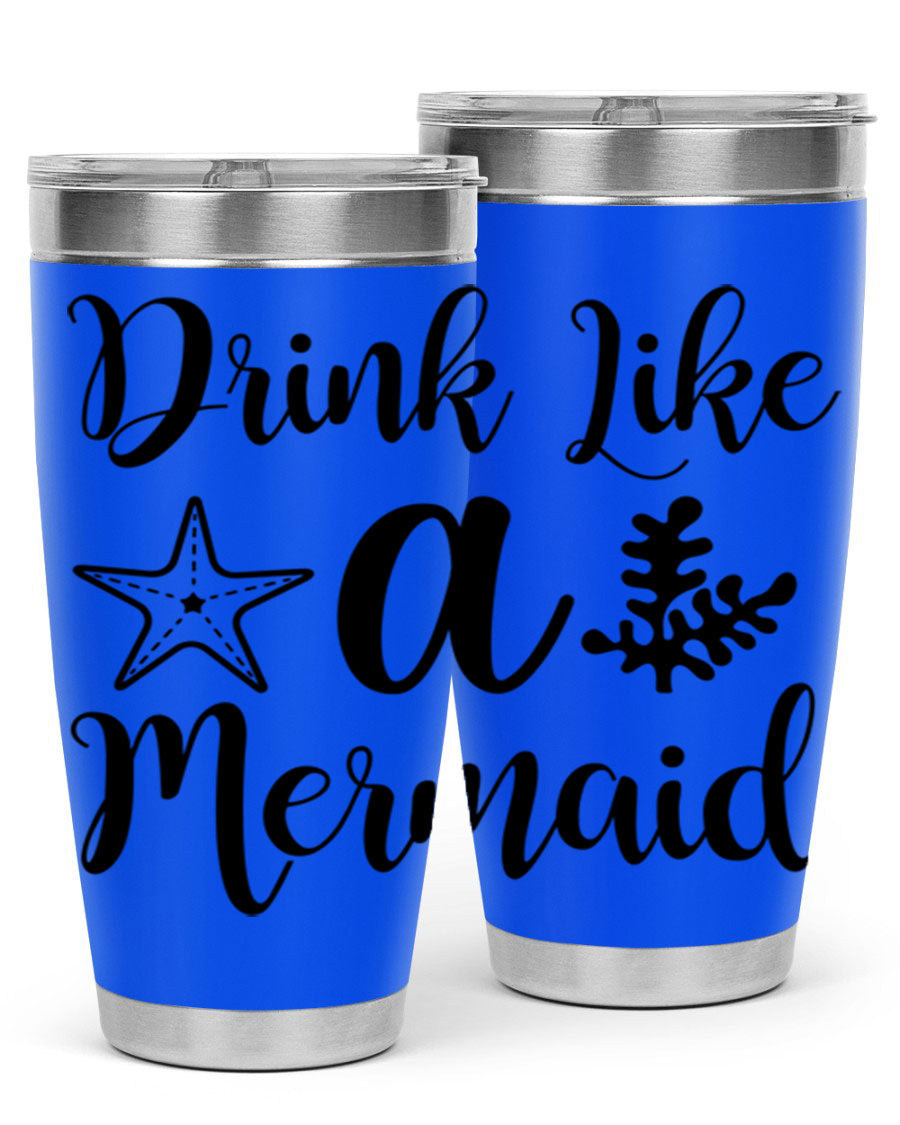 Drink like a Mermaid 149# Tumbler in vibrant colors, showcasing its double wall vacuum stainless steel design and drink-thru lid.