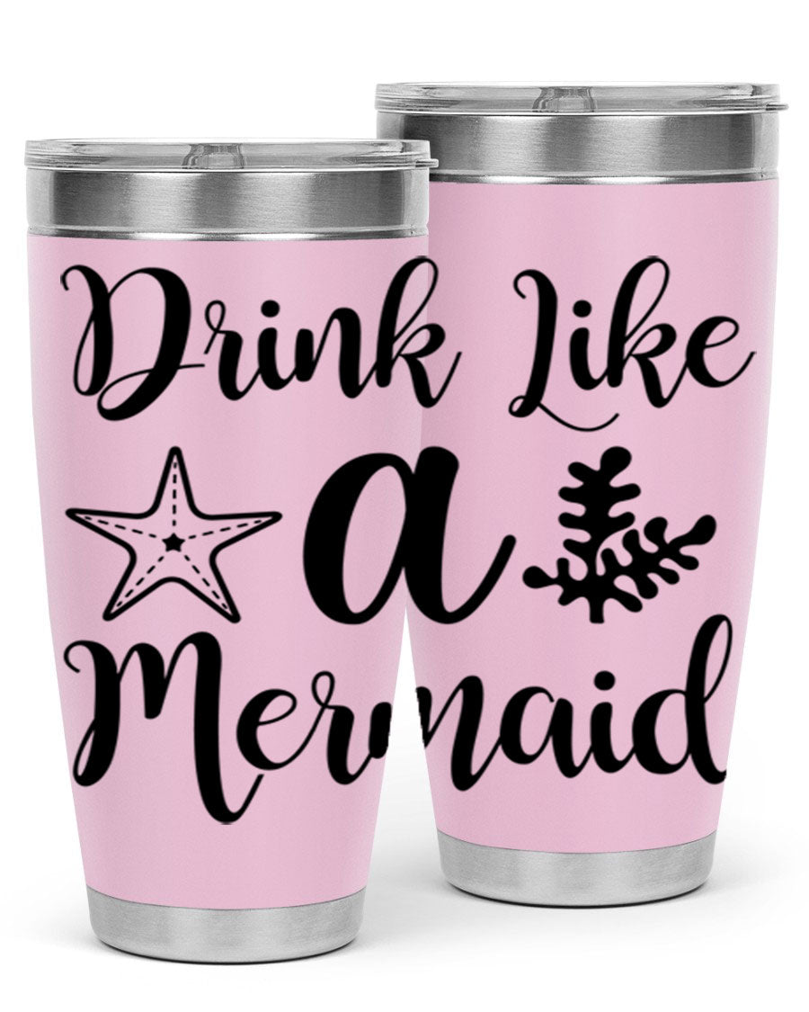 Drink like a Mermaid 149# Tumbler in vibrant colors, showcasing its double wall vacuum stainless steel design and drink-thru lid.
