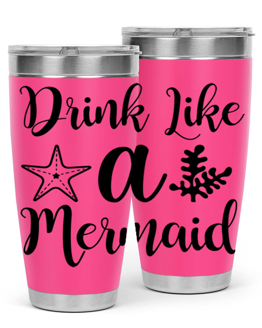 Drink like a Mermaid 149# Tumbler in vibrant colors, showcasing its double wall vacuum stainless steel design and drink-thru lid.