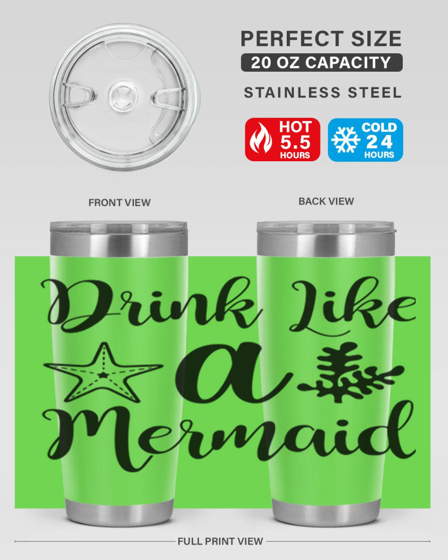 Drink like a Mermaid 149# Tumbler in vibrant colors, showcasing its double wall vacuum stainless steel design and drink-thru lid.