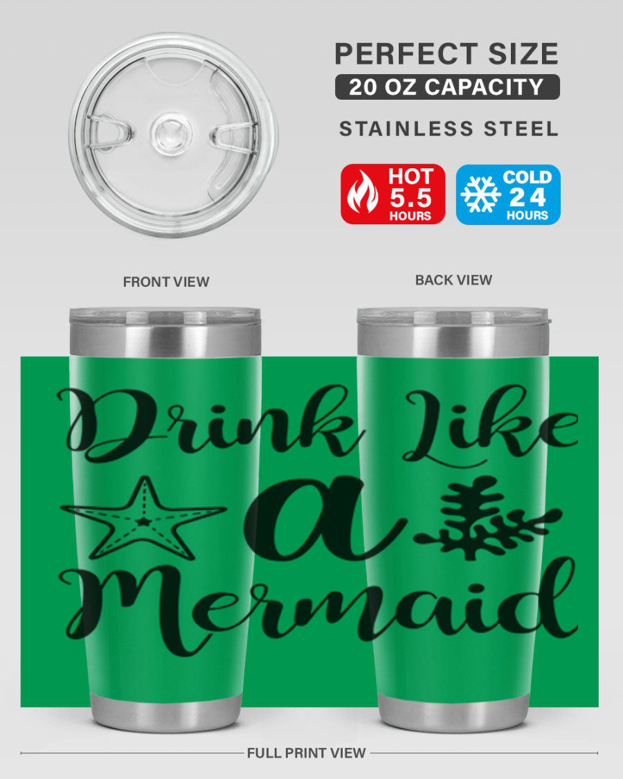 Drink like a Mermaid 149# Tumbler in vibrant colors, showcasing its double wall vacuum stainless steel design and drink-thru lid.