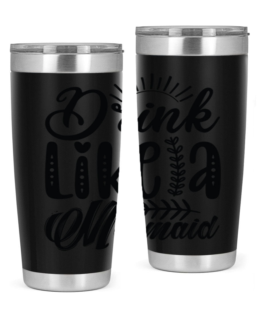 Drink Like a Mermaid 20oz Tumbler featuring a vibrant mermaid design, double wall vacuum insulation, and a press-in drink-thru lid.