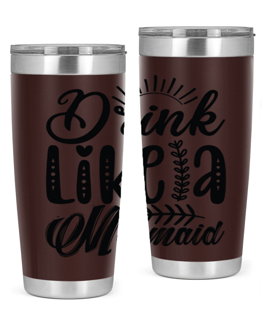 Drink Like a Mermaid 20oz Tumbler featuring a vibrant mermaid design, double wall vacuum insulation, and a press-in drink-thru lid.