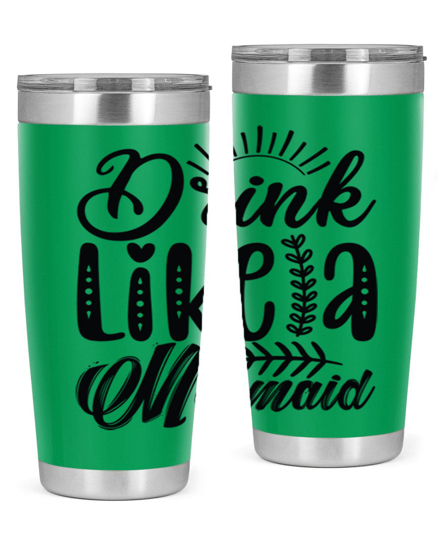 Drink Like a Mermaid 20oz Tumbler featuring a vibrant mermaid design, double wall vacuum insulation, and a press-in drink-thru lid.
