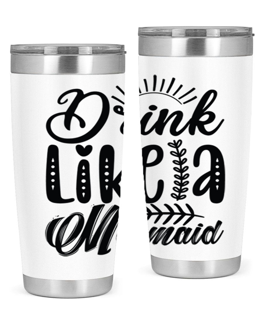 Drink Like a Mermaid 20oz Tumbler featuring a vibrant mermaid design, double wall vacuum insulation, and a press-in drink-thru lid.