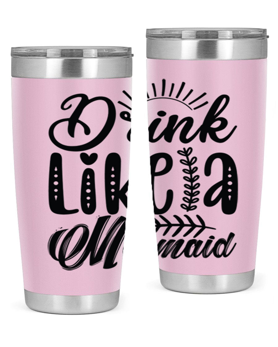 Drink Like a Mermaid 20oz Tumbler featuring a vibrant mermaid design, double wall vacuum insulation, and a press-in drink-thru lid.