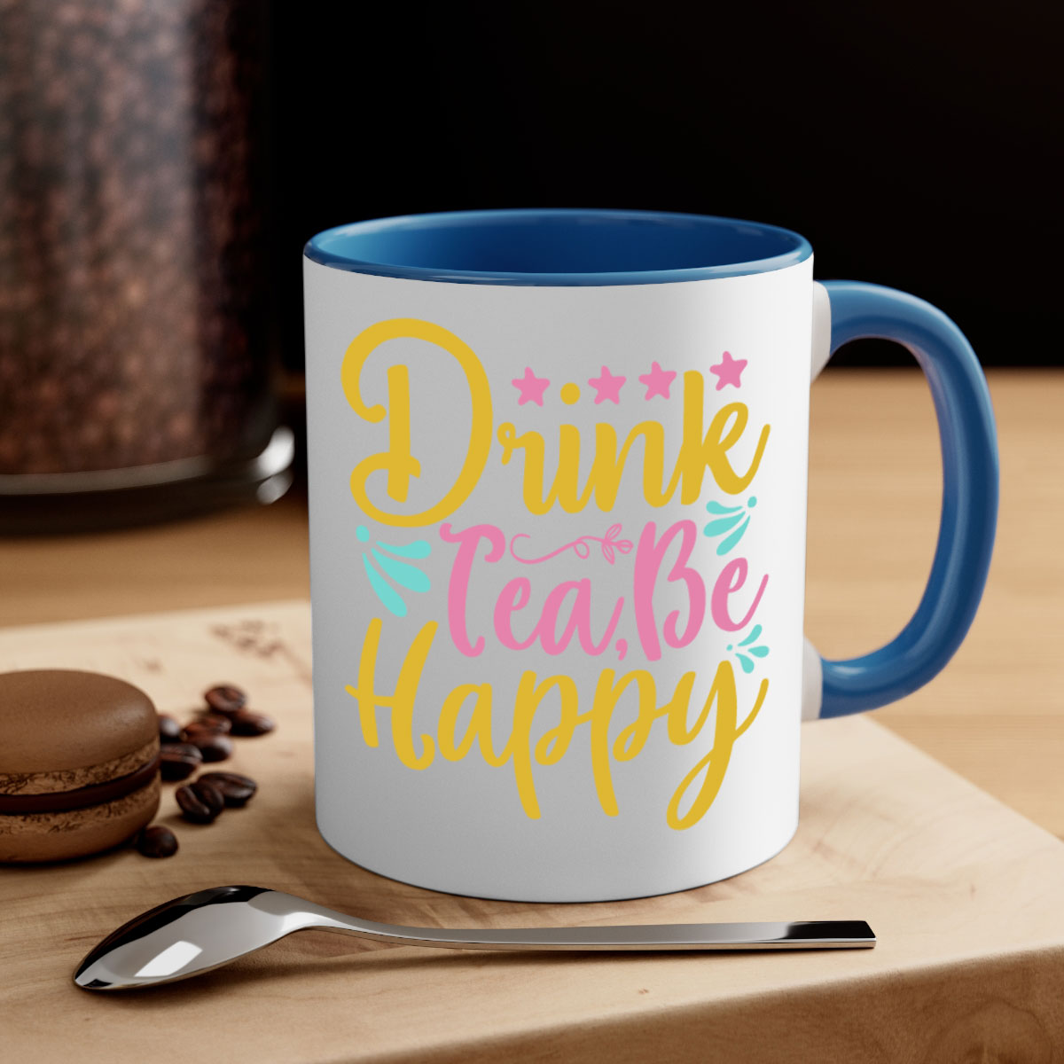 Drink tea be happy Style 67# Mug with colorful handle and glossy finish, available in multiple colors and sizes.