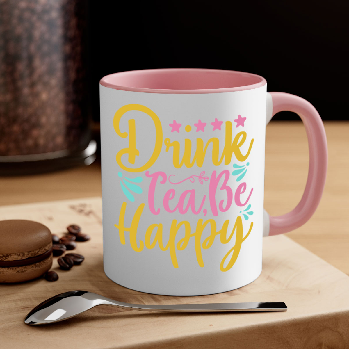 Drink tea be happy Style 67# Mug with colorful handle and glossy finish, available in multiple colors and sizes.