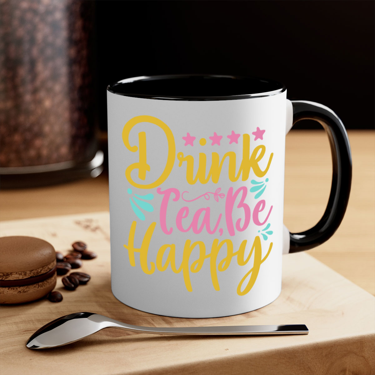 Drink tea be happy Style 67# Mug with colorful handle and glossy finish, available in multiple colors and sizes.