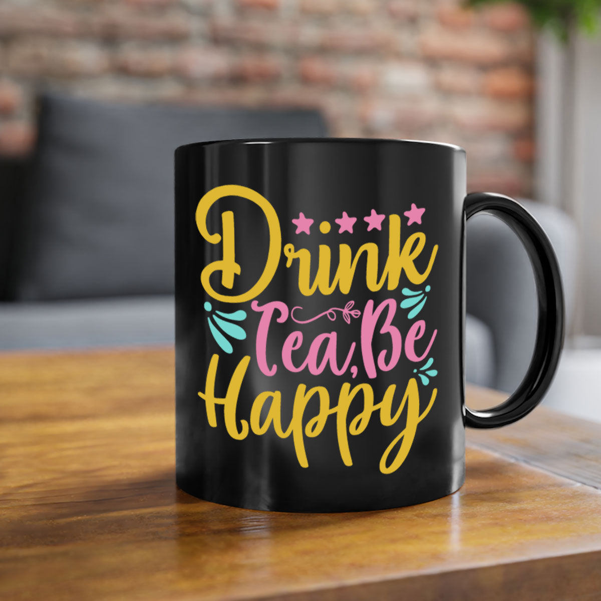 Drink tea be happy Style 67# Mug with colorful handle and glossy finish, available in multiple colors and sizes.