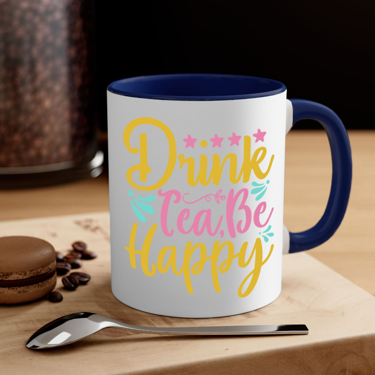 Drink tea be happy Style 67# Mug with colorful handle and glossy finish, available in multiple colors and sizes.