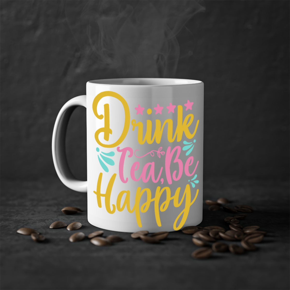 Drink tea be happy Style 67# Mug with colorful handle and glossy finish, available in multiple colors and sizes.
