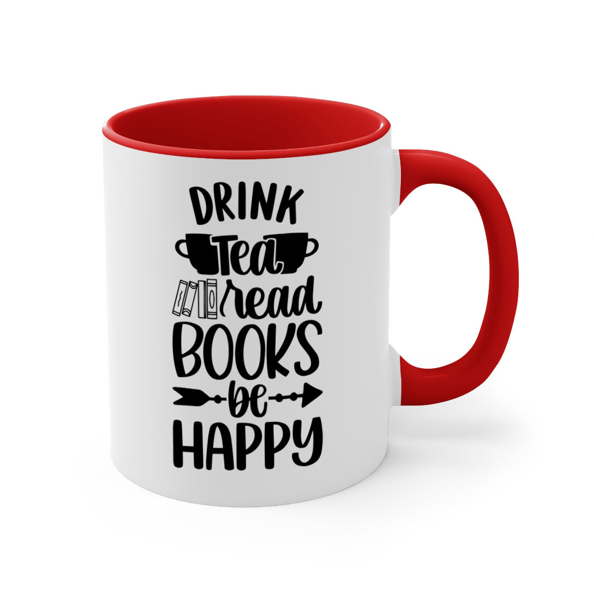 A stylish two-tone ceramic mug with a colored handle and interior, featuring the phrase 'drink tea read books be happy'.