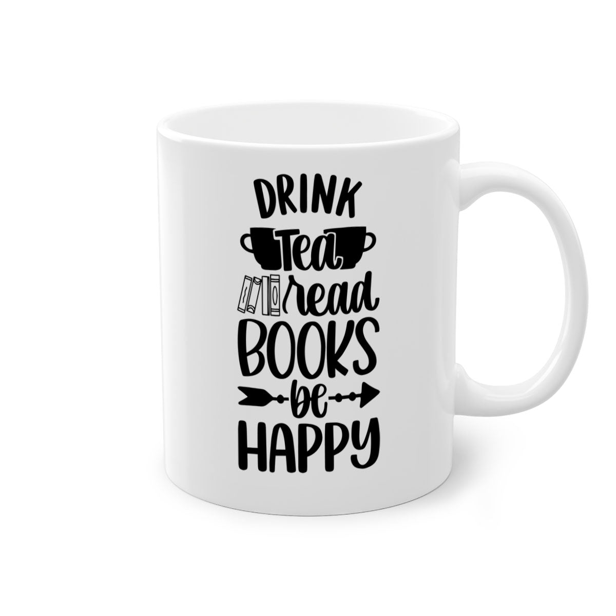 A stylish two-tone ceramic mug with a colored handle and interior, featuring the phrase 'drink tea read books be happy'.