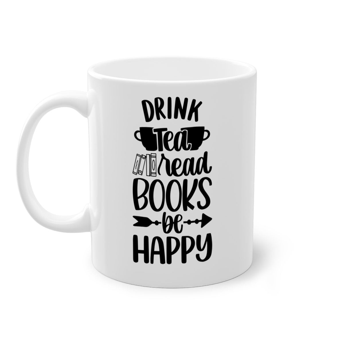 A stylish two-tone ceramic mug with a colored handle and interior, featuring the phrase 'drink tea read books be happy'.