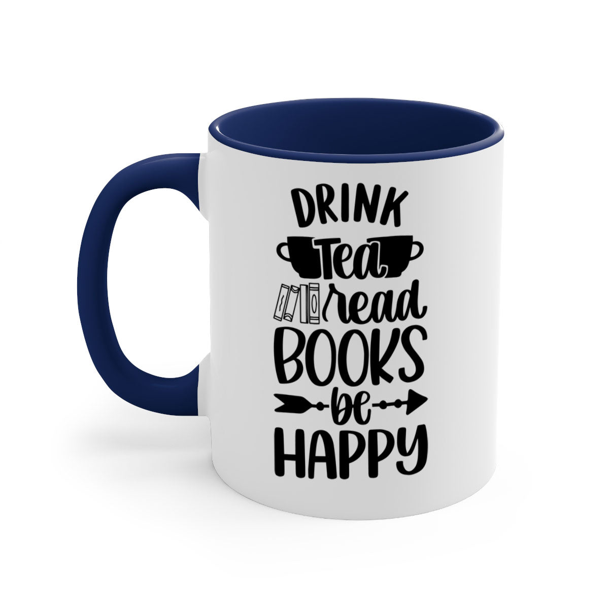 A stylish two-tone ceramic mug with a colored handle and interior, featuring the phrase 'drink tea read books be happy'.
