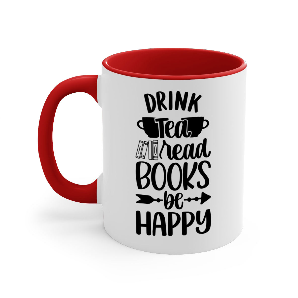 A stylish two-tone ceramic mug with a colored handle and interior, featuring the phrase 'drink tea read books be happy'.