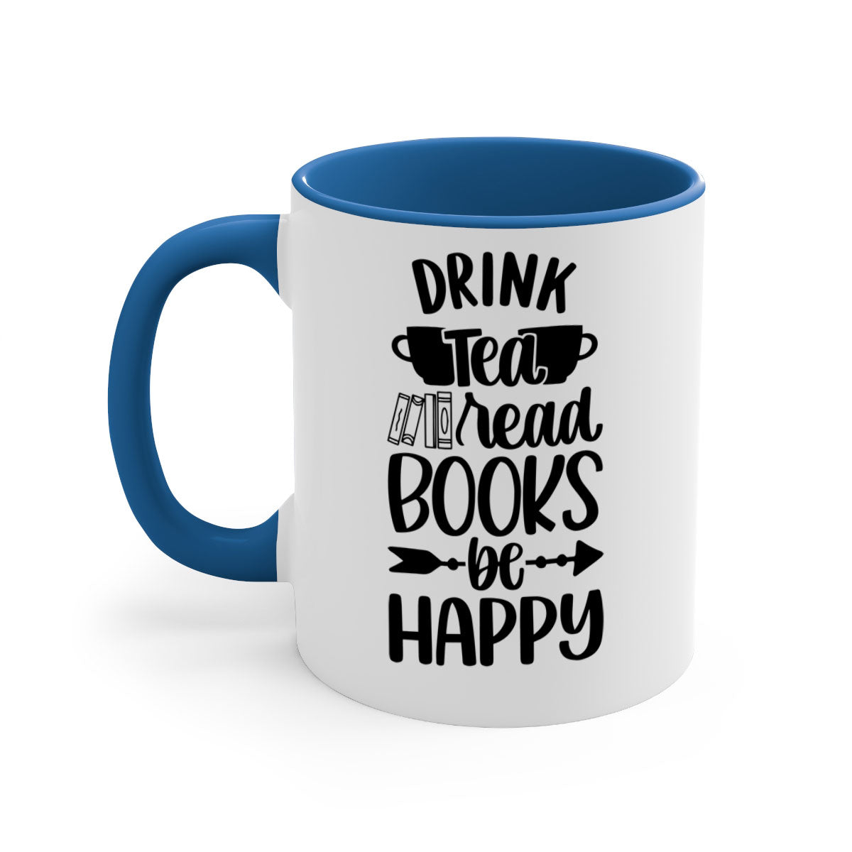 A stylish two-tone ceramic mug with a colored handle and interior, featuring the phrase 'drink tea read books be happy'.