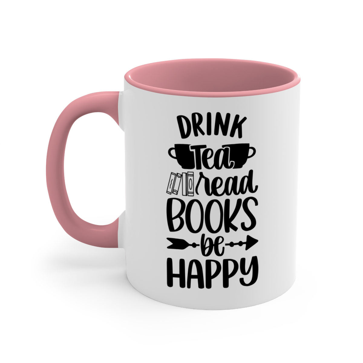A stylish two-tone ceramic mug with a colored handle and interior, featuring the phrase 'drink tea read books be happy'.