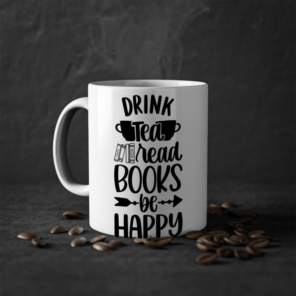 A stylish two-tone ceramic mug with a colored handle and interior, featuring the phrase 'drink tea read books be happy'.