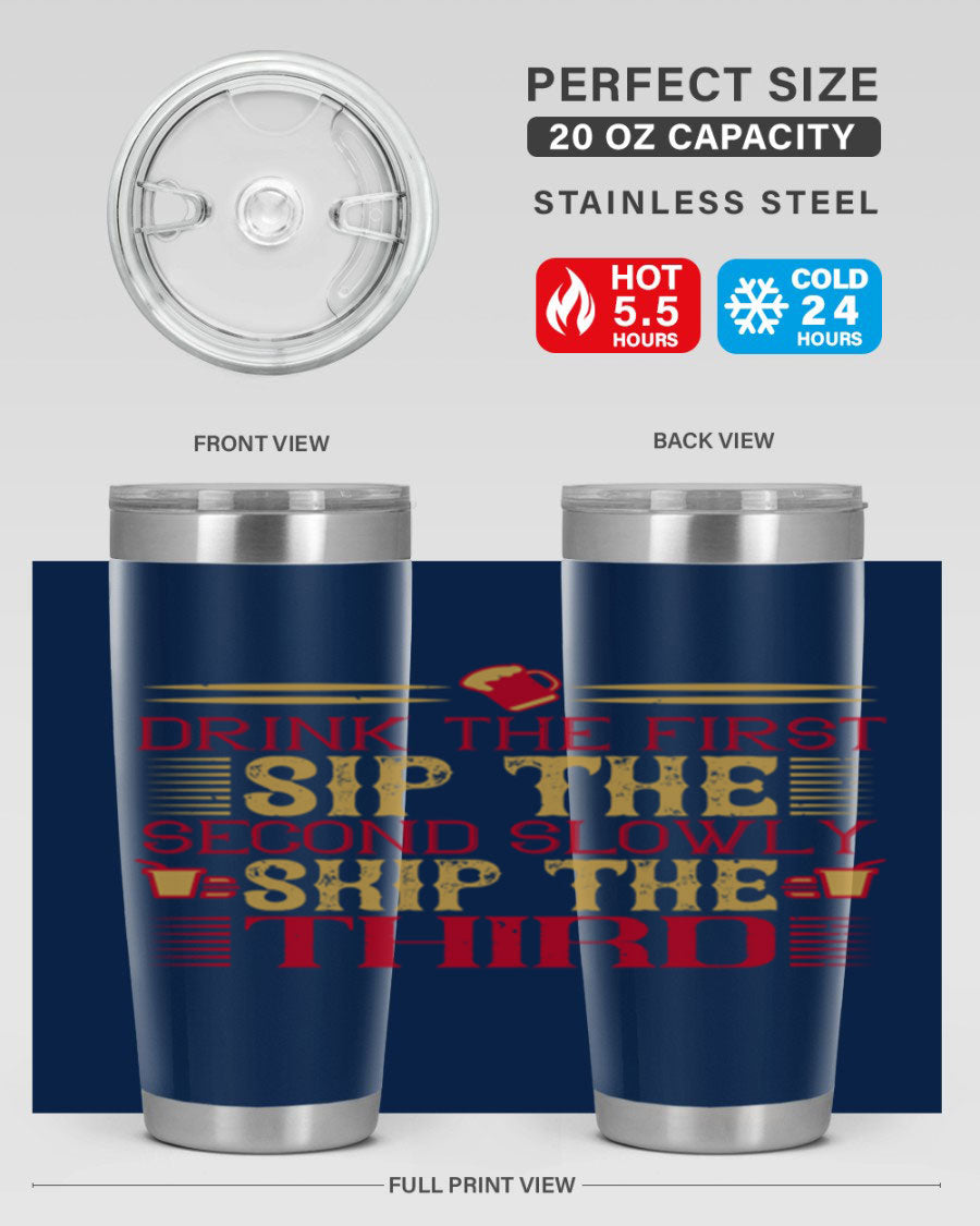 A stylish 20oz and 30oz stainless steel tumbler with a drink-thru lid, showcasing its sleek design and insulation features.