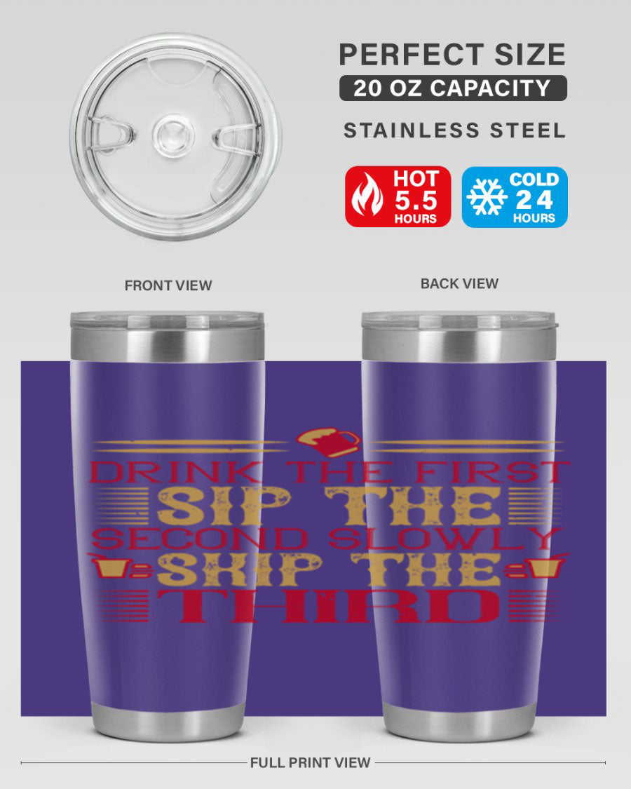 A stylish 20oz and 30oz stainless steel tumbler with a drink-thru lid, showcasing its sleek design and insulation features.