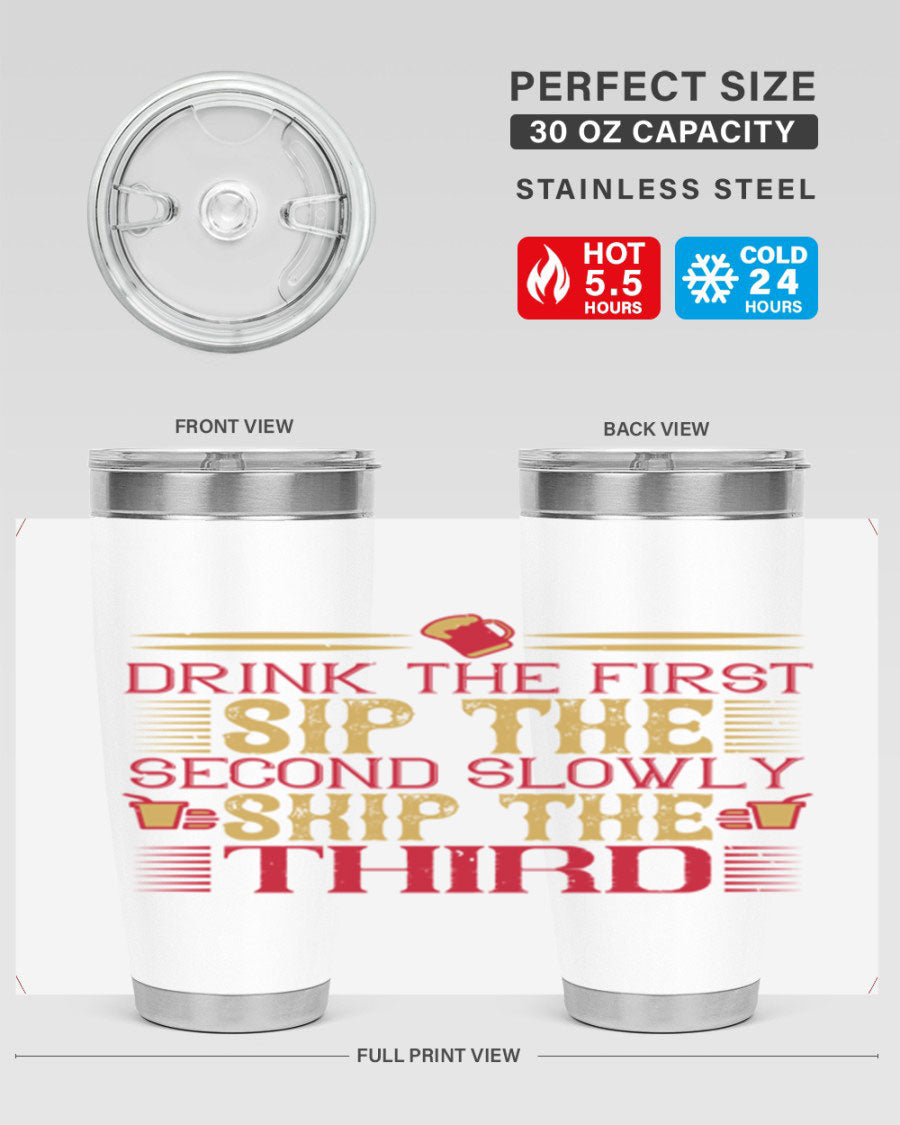 A stylish 20oz and 30oz stainless steel tumbler with a drink-thru lid, showcasing its sleek design and insulation features.