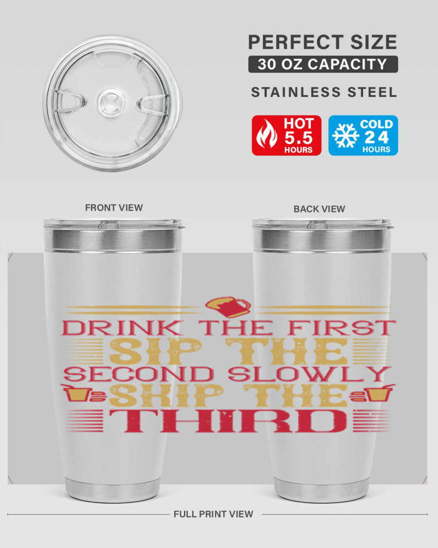 A stylish 20oz and 30oz stainless steel tumbler with a drink-thru lid, showcasing its sleek design and insulation features.