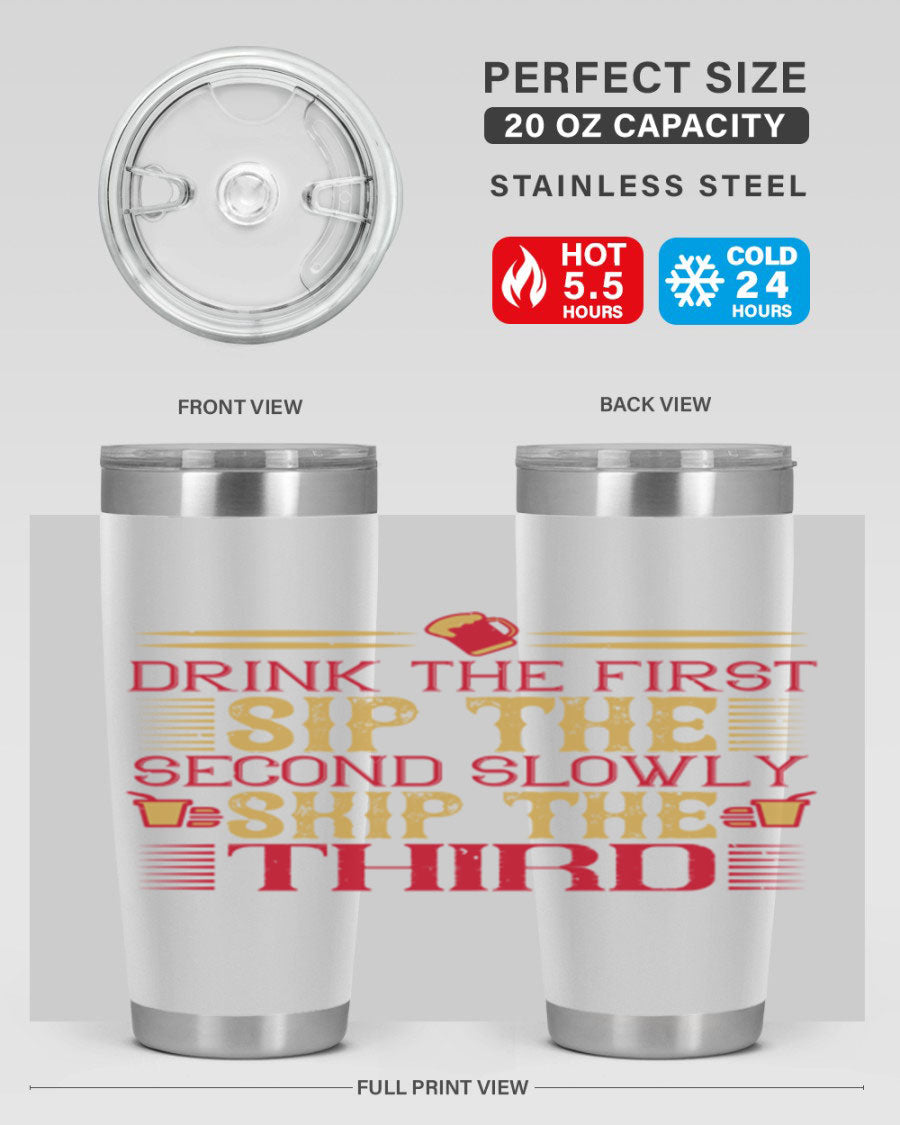 A stylish 20oz and 30oz stainless steel tumbler with a drink-thru lid, showcasing its sleek design and insulation features.