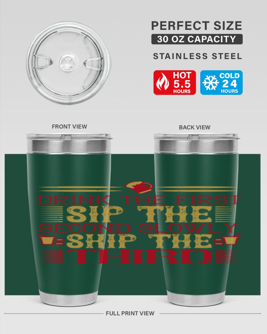 A stylish 20oz and 30oz stainless steel tumbler with a drink-thru lid, showcasing its sleek design and insulation features.