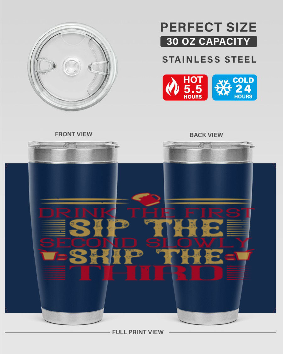 A stylish 20oz and 30oz stainless steel tumbler with a drink-thru lid, showcasing its sleek design and insulation features.