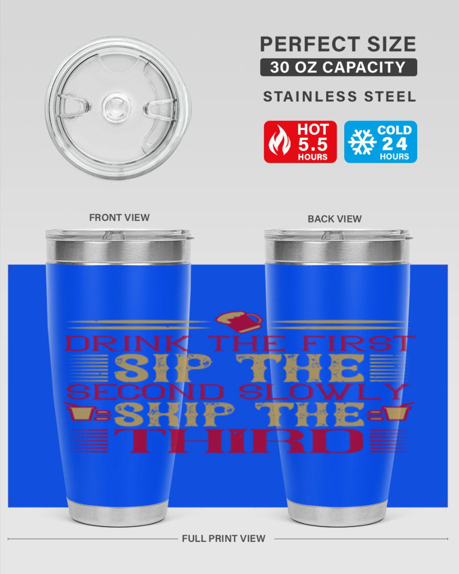 A stylish 20oz and 30oz stainless steel tumbler with a drink-thru lid, showcasing its sleek design and insulation features.