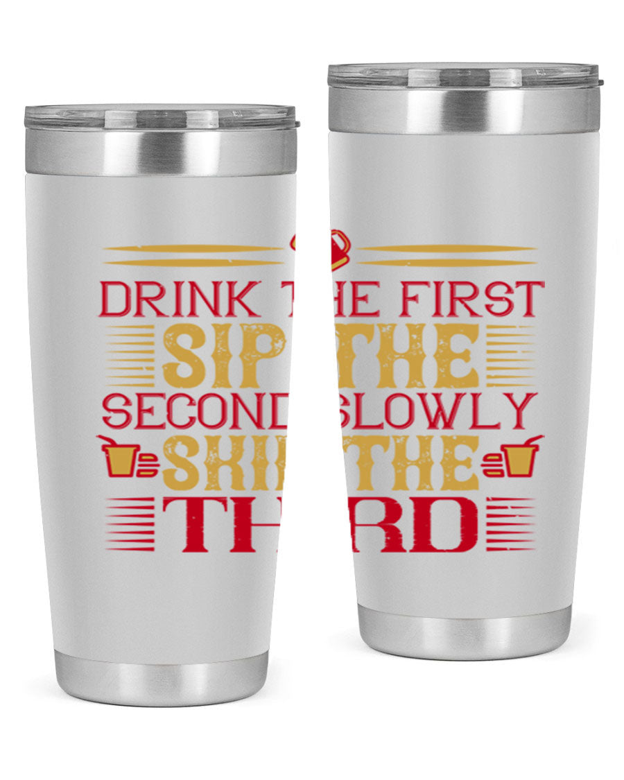 A stylish 20oz and 30oz stainless steel tumbler with a drink-thru lid, showcasing its sleek design and insulation features.