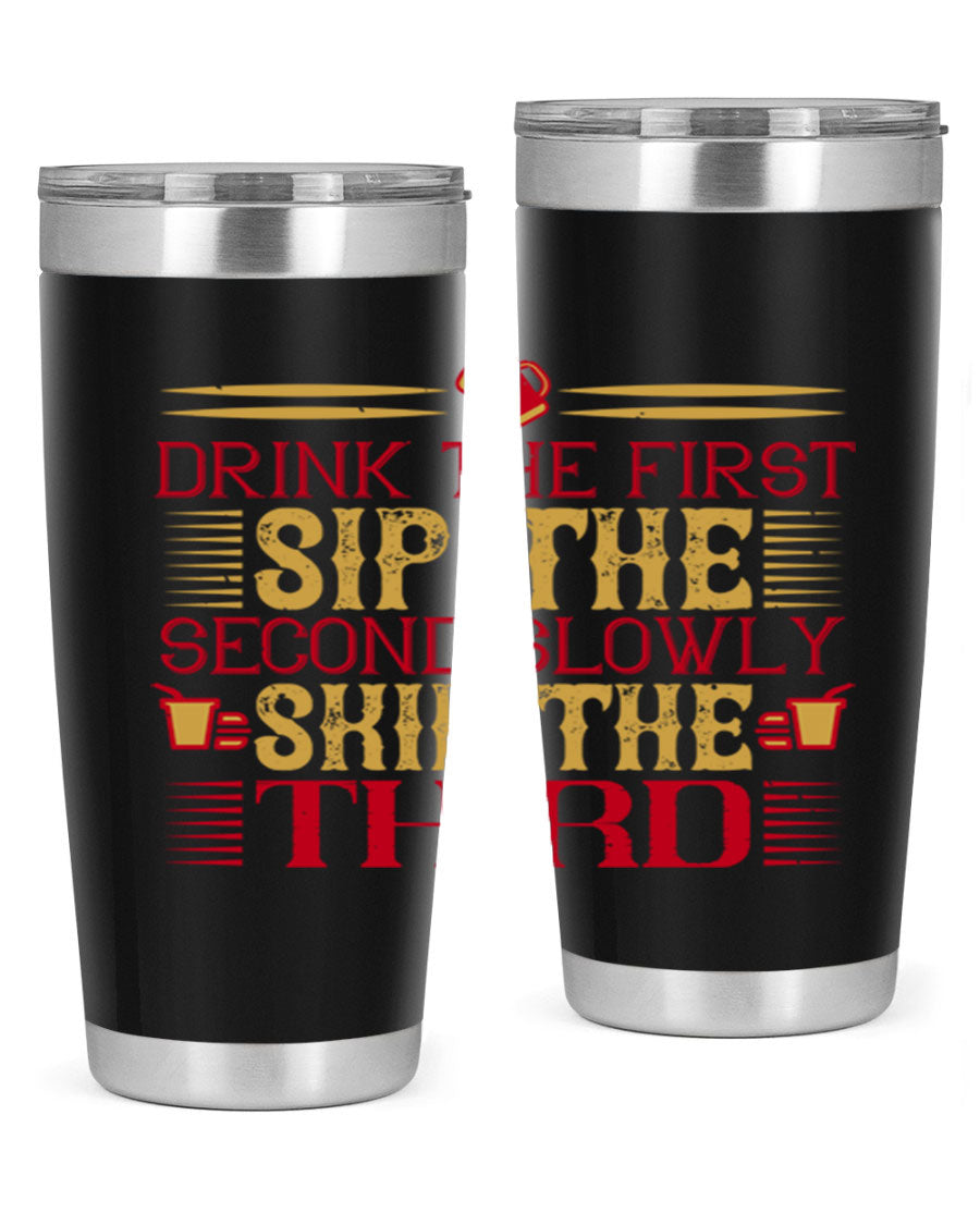 A stylish 20oz and 30oz stainless steel tumbler with a drink-thru lid, showcasing its sleek design and insulation features.