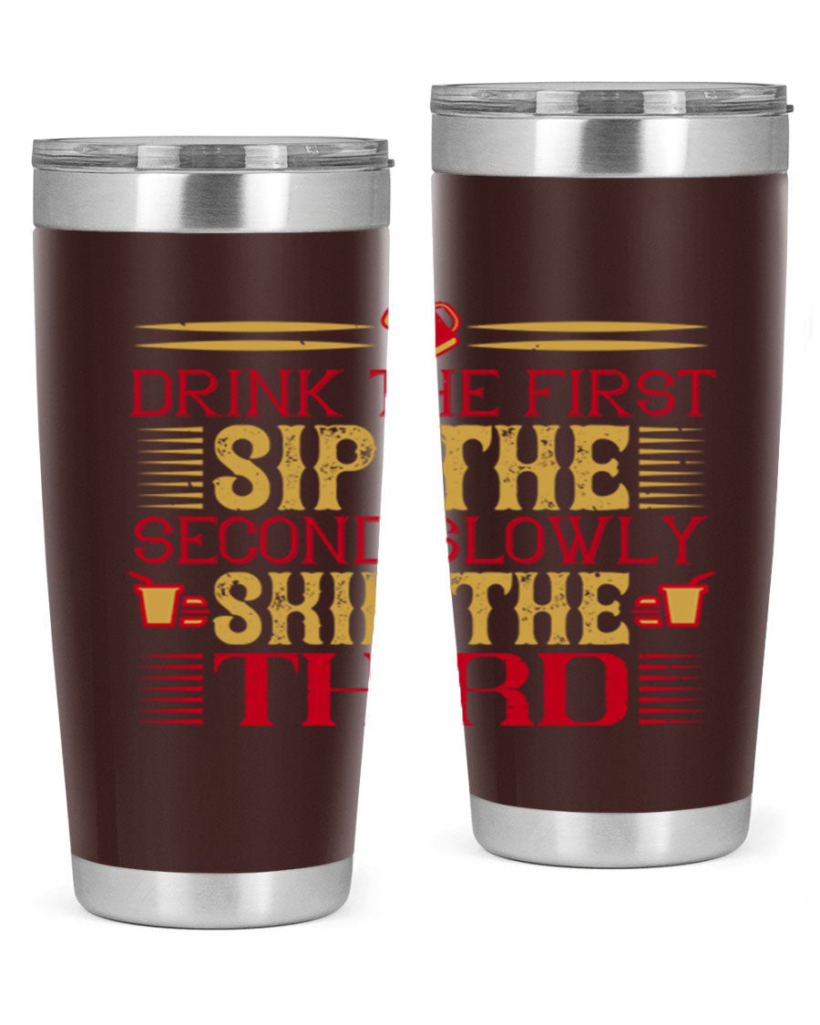 A stylish 20oz and 30oz stainless steel tumbler with a drink-thru lid, showcasing its sleek design and insulation features.